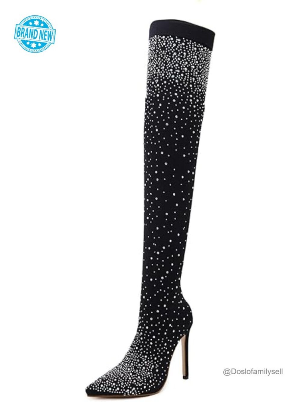 Stretch Mesh Thigh High Boots Rhinestone Stiletto Heel Over Knee